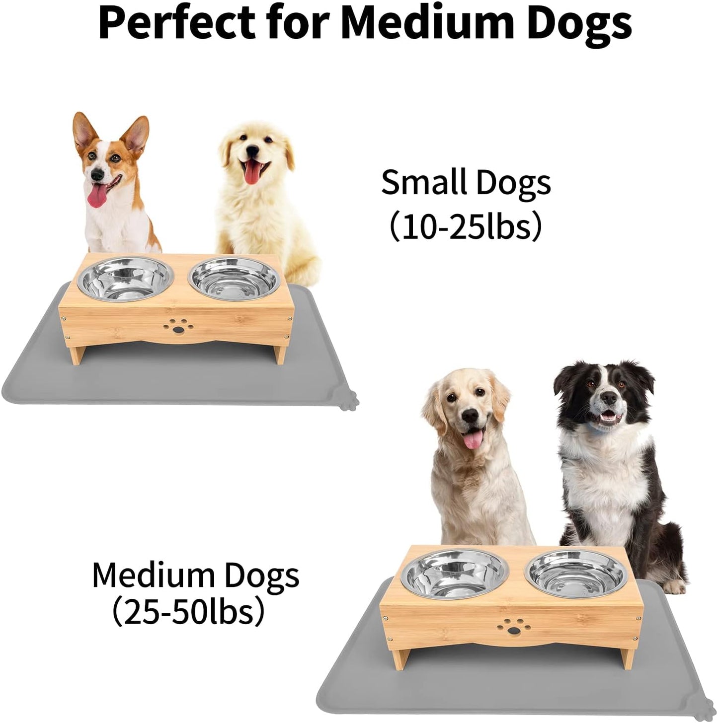 Raised Dog Bowls Stand for Small to Medium Dogs, Bamboo Elevated Dog Food and Water Bowls Feeder Holder (5" Tall with Mat, Bamboo)