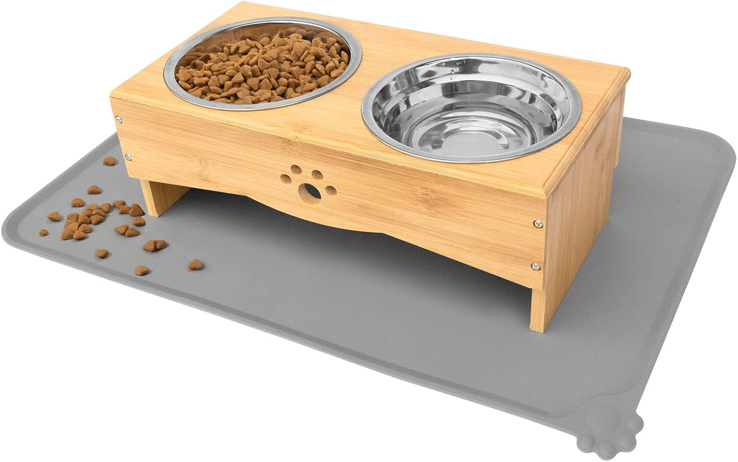Raised Dog Bowls Stand for Small to Medium Dogs, Bamboo Elevated Dog Food and Water Bowls Feeder Holder (5" Tall with Mat, Bamboo)