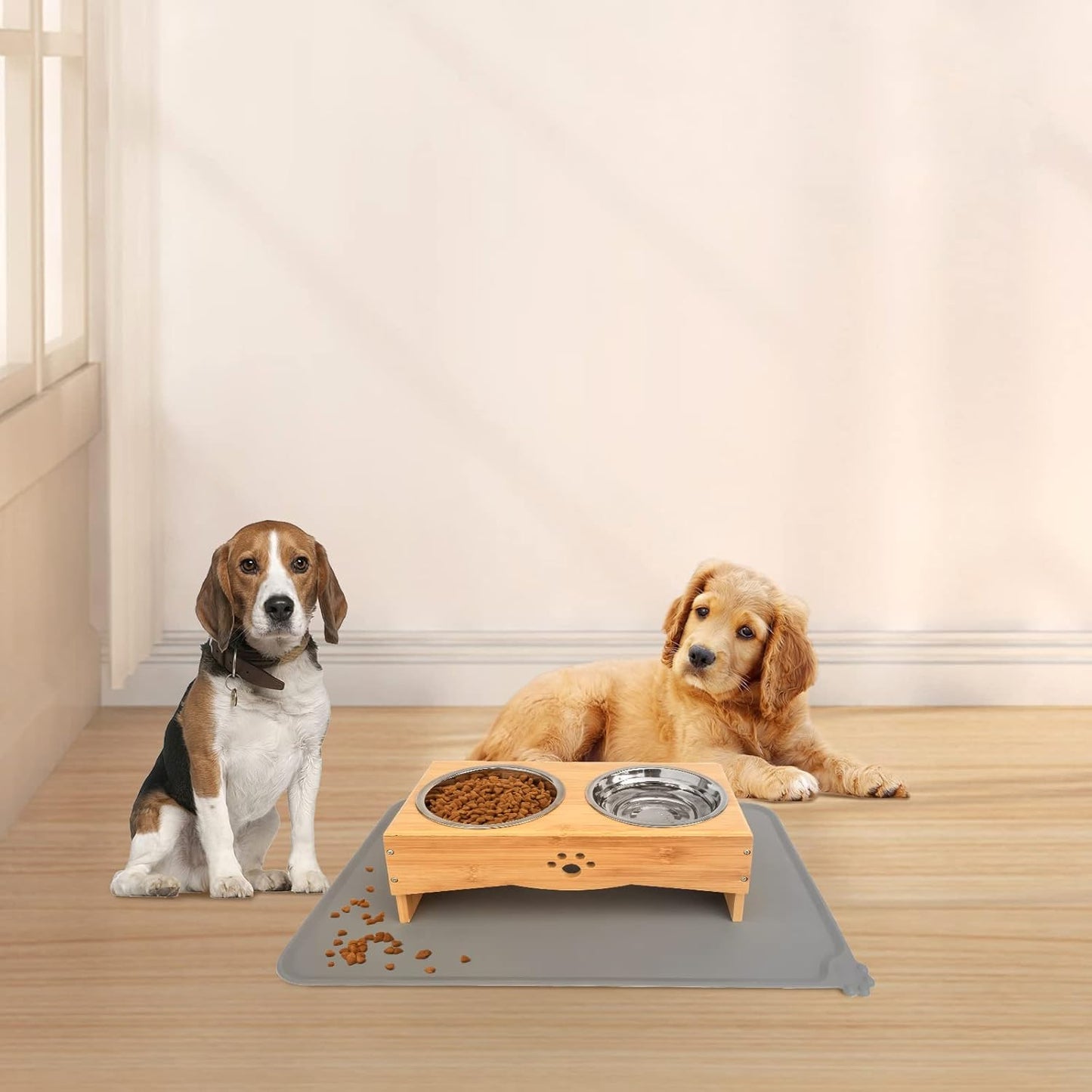 Raised Dog Bowls Stand for Small to Medium Dogs, Bamboo Elevated Dog Food and Water Bowls Feeder Holder (5" Tall with Mat, Bamboo)