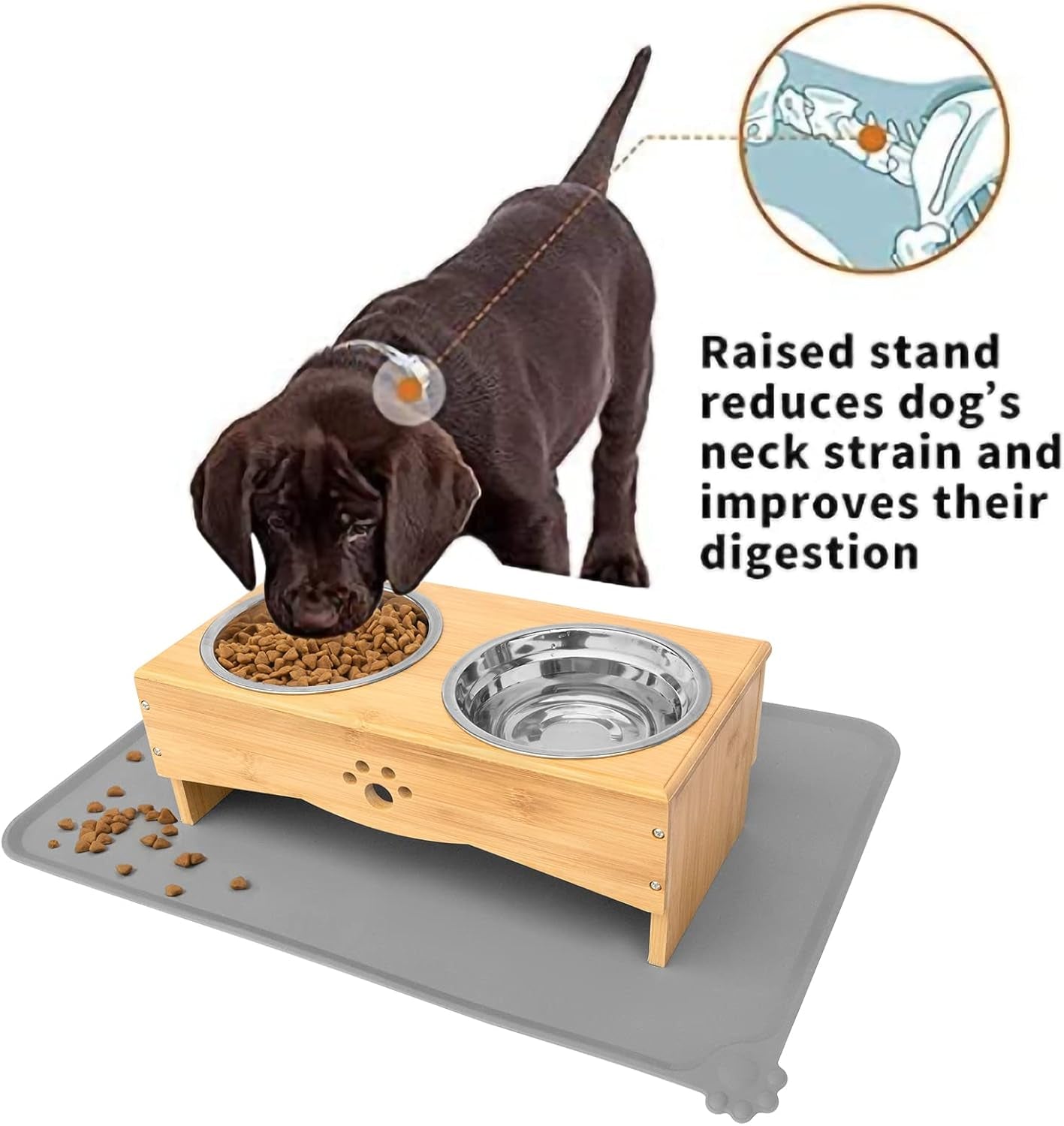 Raised Dog Bowls Stand for Small to Medium Dogs, Bamboo Elevated Dog Food and Water Bowls Feeder Holder (5" Tall with Mat, Bamboo)