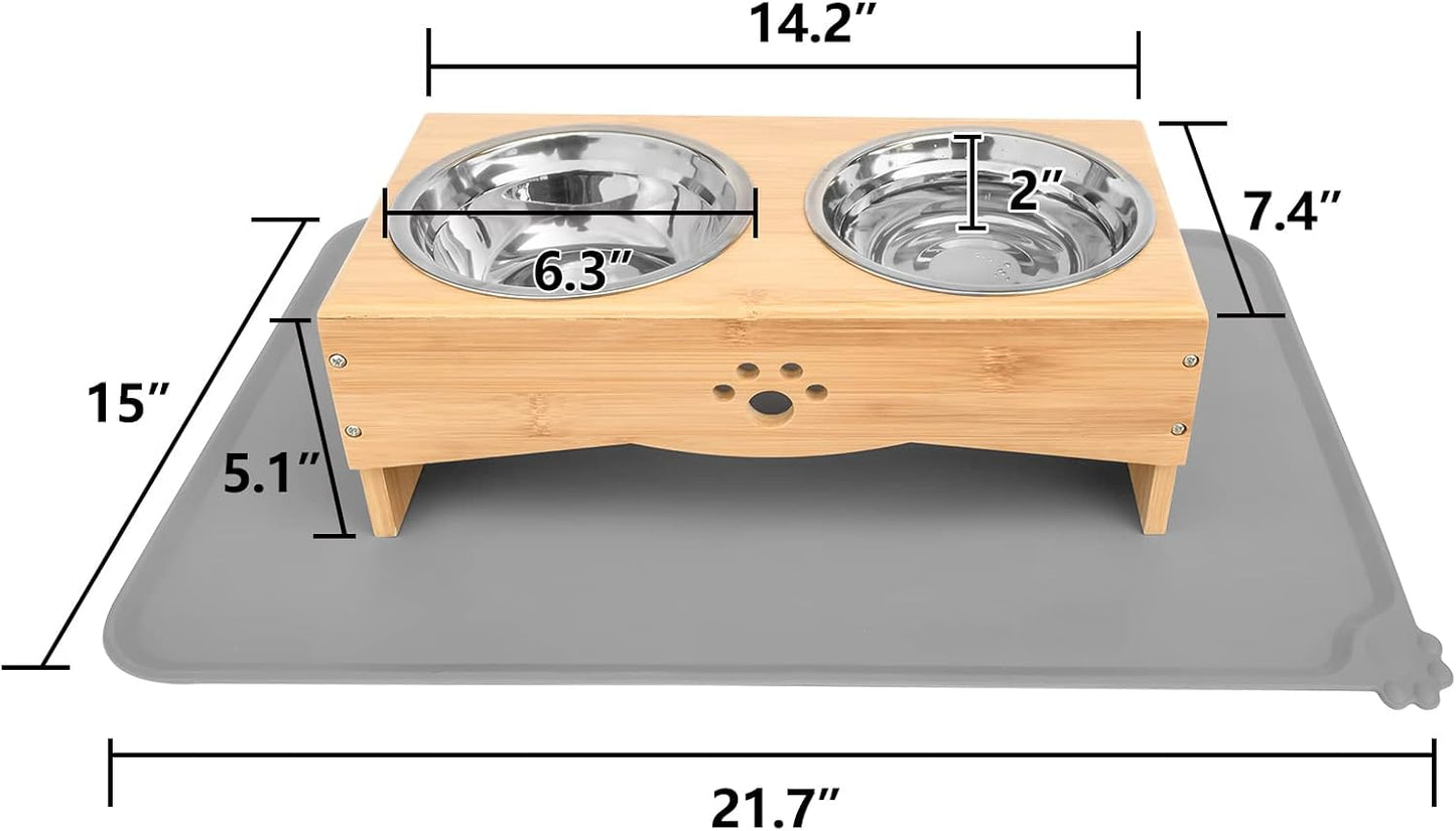 Raised Dog Bowls Stand for Small to Medium Dogs, Bamboo Elevated Dog Food and Water Bowls Feeder Holder (5" Tall with Mat, Bamboo)