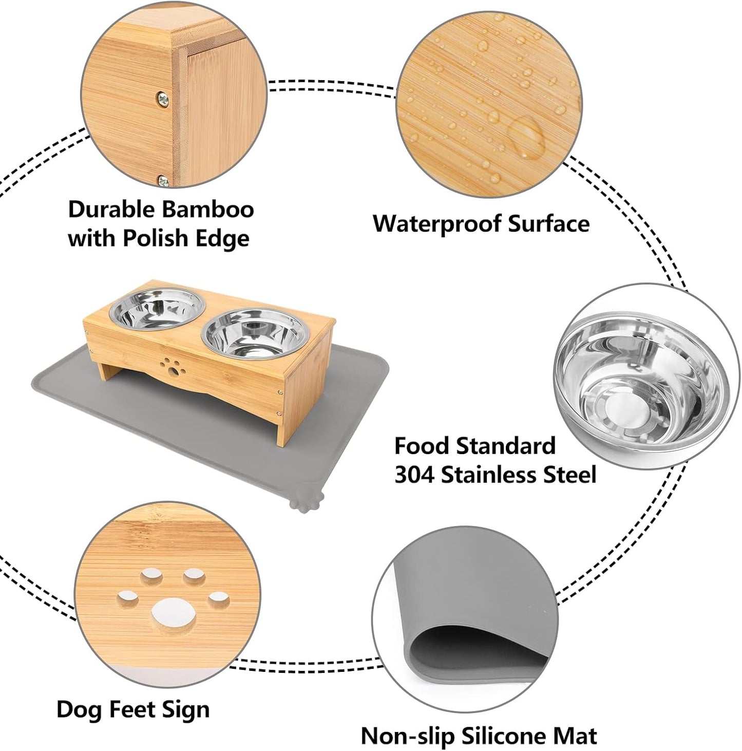 Raised Dog Bowls Stand for Small to Medium Dogs, Bamboo Elevated Dog Food and Water Bowls Feeder Holder (5" Tall with Mat, Bamboo)